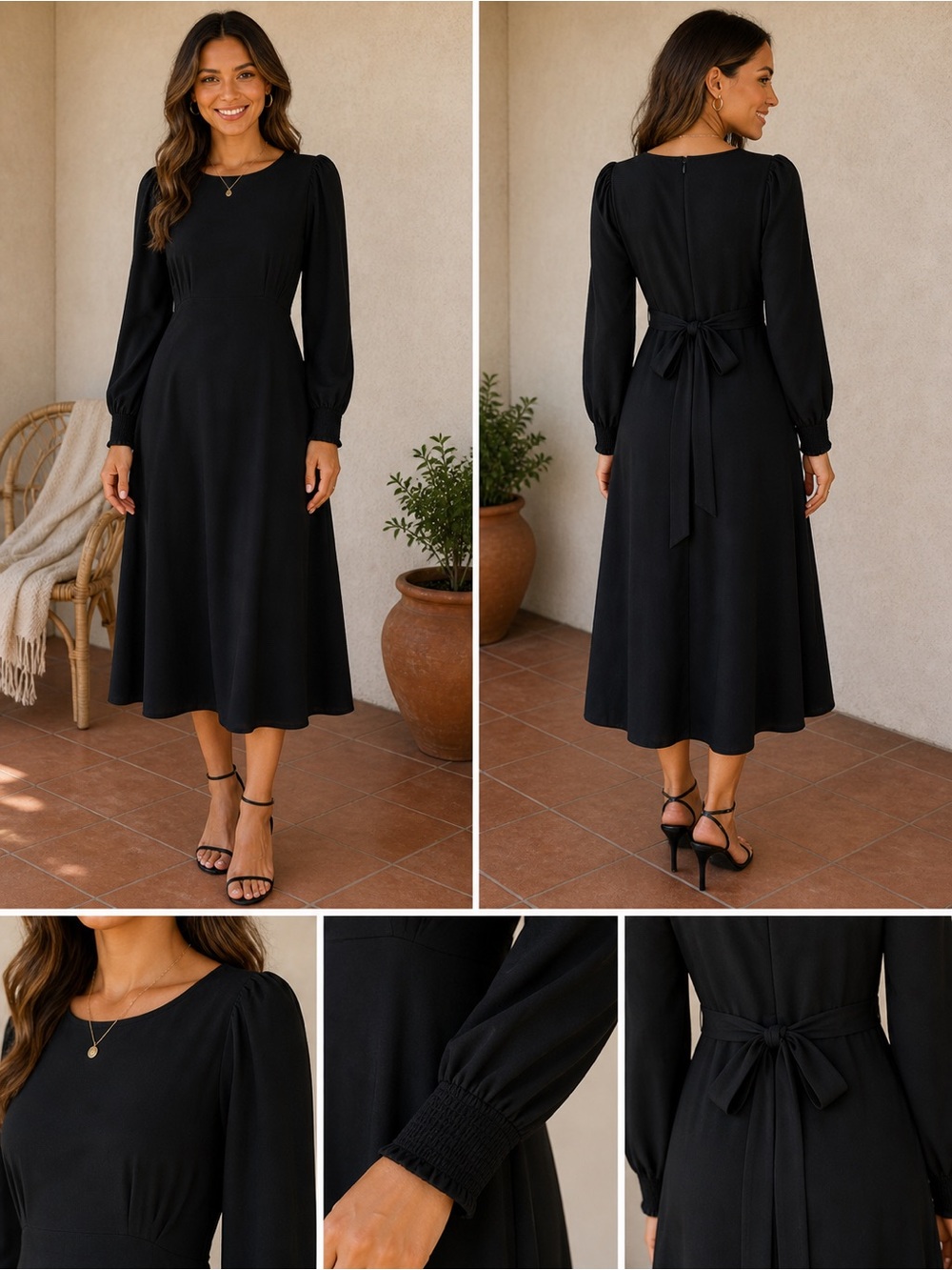 Elegant Long-Sleeve Black Midi Dress with Back Tie
